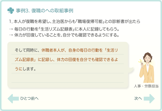1．本人が復職を希望し、主治医からも「職場復帰可能」との診断書が出たら→本人と産業医と面談を実施。・元のお店に戻れるか。・勤務するお店を変える必要があるか。・復職時にどの程度の業務負荷に耐えられるか。　主治医から「復職が近い」という見解が聞かれたら、 休職した社員本人と産業医との面談を開始。「元のお店に戻れるか」、「お店を変更する必要があるか」、 「どの程度業務負荷に耐えられるか」などについて、時間をかけて話をします。