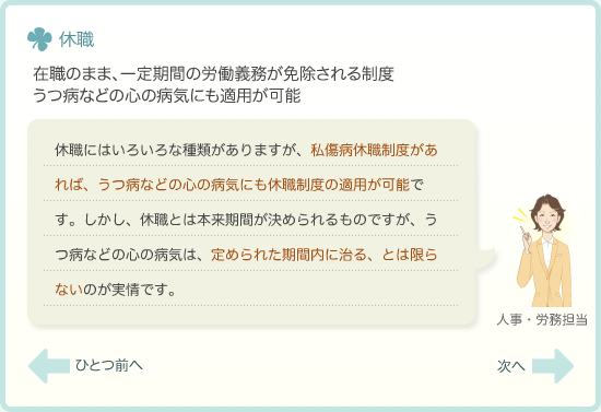 休職　在職のまま、一定期間の労働義務が免除される制度　うつ病などの心の病気にも適用が可能　休職にはいろいろな種類がありますが、私傷病休職制度があれば、うつ病などの心の病気にも休職制度の適用が可能です。しかし、休職とは本来期間が決められるものですが、うつ病などの心の病気は、定められた期間内に治る、とは限らないのが実情です。