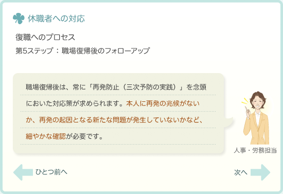 復職へのプロセス　第5ステップ：職場復帰後のフォローアップ　職場復帰後は、常に「再発防止（三次予防の実践）」を念頭においた対応策が求められます。本人に再発の兆候がないか、再発の起因となる新たな問題が発生していないかなど、を細やかな確認が必要です。