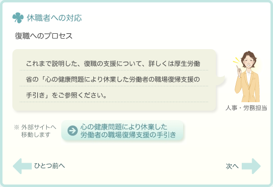 復職へのプロセス　これまで説明した、復職の支援について、詳しくは厚生労働省の「心の健康問題により休業した労働者の職場復帰支援の手引き」をご参照ください。　※厚生労働省のサイトにリンクします。