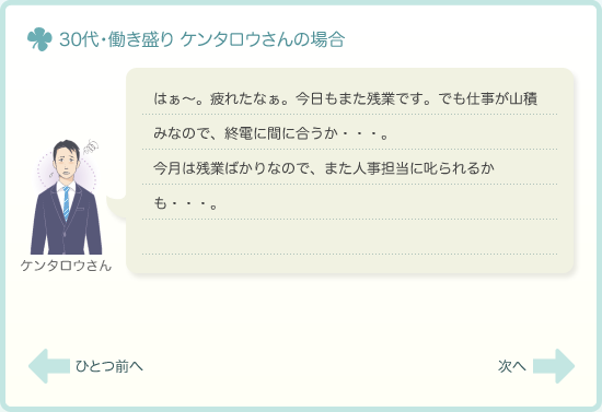 はぁ～。疲れたなぁ。今日もまた残業です。でも仕事が山積みなので、終電に間に合うか・・・。今月は残業ばかりなので、また人事担当に叱られるかも・・・。