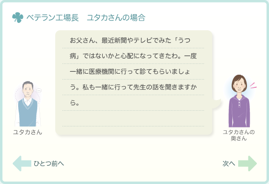 お父さん、最近新聞やテレビでみた「うつ病」ではないかと心配になってきたわ。一度一緒に医療機関に行って診てもらいましょう。私も一緒に行って先生の話を聞きますから。